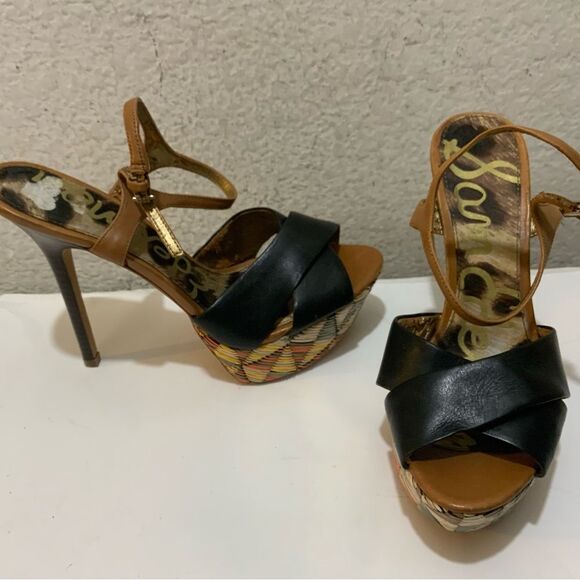 Sam Edelman Mason Women's Black Leather Open Toe Ankle Strap Platform Heels 7 M - Picture 2 of 13